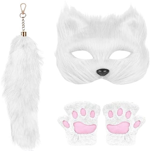 Kunstpelz Fuchs Maske Wolf Cosplay, Flauschiger Schwanz Und Krallen Set, Halloween Party Fuchsschwanz Cosplay Kostüm, Lustiges Tierschwanz Für Kinder Erwachsene (Weiß)