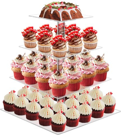 Cupcake Stand 4 Tier Acrylic Cupcake Tower for 52 Cupcakes | Clear Square Dessert Table Display Stands for Birthday, Wedding, Baby Shower, Party