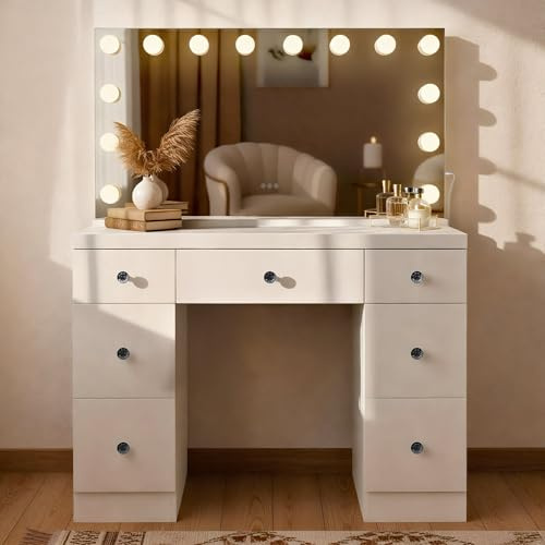 CLP Lerona - Tocador con espejo de Hollywood, iluminación LED, 7 cajones, puertos USB, blanco