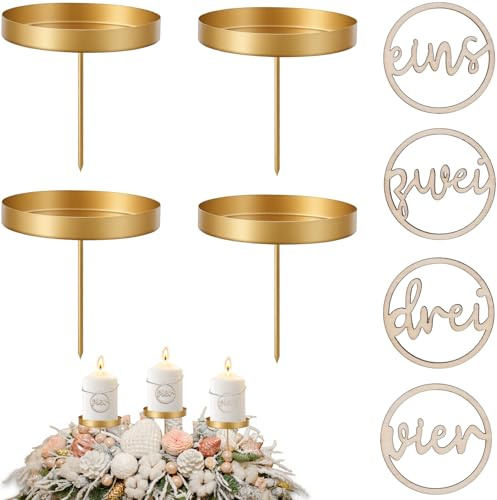 4er Adventskranz Kerzenhalter Gold- ø8cm Metall Kerzenständer mit Holz Adventskranz Zahlen 1-4 Set,Candle Holder Kerzenstecker für Stumpenkerzen Kerzen Weihnachten Deko Stabkerzenhalter Tischdeko