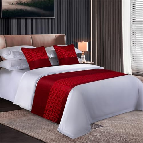 Odot Bed Runners and Matching Cushions Set, Bedroom Bedding Protection Decor Jacquard Bed Scarf Runner,for Scarves Home Decoration Hotel Cushion Covers (50x240cm,red)