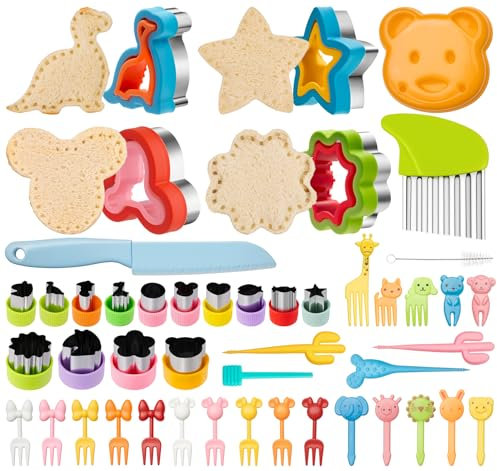 Emporte Piece Sandwiches Cutter, 57 piezas de cortadores de frutas, estrella de flor de dinosaurio Mickey cortador de pan de galletas de acero inoxidable, DIY herramientas de cocción para sándwich