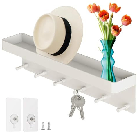 ICOUVA Schlüsselbrett mit Ablage,6 Haken Selbstklebend Wand Schlüsselhalter,Kleines Schlüsselhaken für Flur,Eingangsbereich,Küche,Badezimmer (Weiß)
