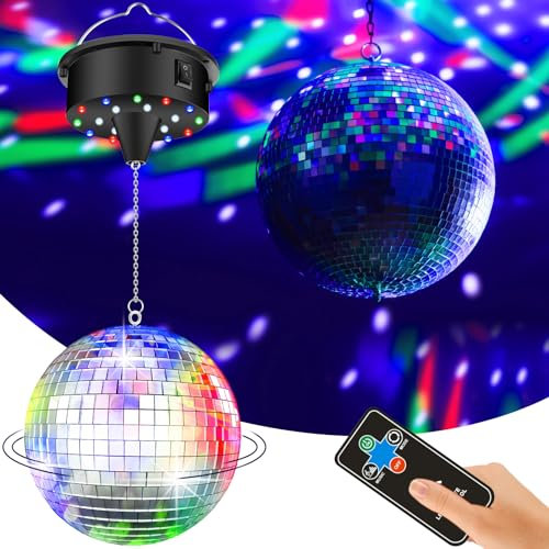 YCCOKJJ Discokugel Set mit Disco Kugel Rotierender Motor von 10 U/min und 15,2 cm Silber Spiegelkugel, Fernbedienung, Drehmotor mit 4 Bunten Lichtern und 18 LED-Perlen für Disco Partylicht Deko
