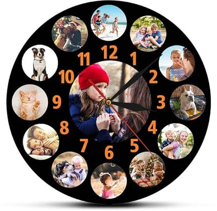 hadefa Orologio da parete personalizzato, orologio da parete con 12 collage di foto, orologio da parete a batteria per soggiorno, camera da letto, decorazione della sala da pranzo, 30,5 cm (13 foto)