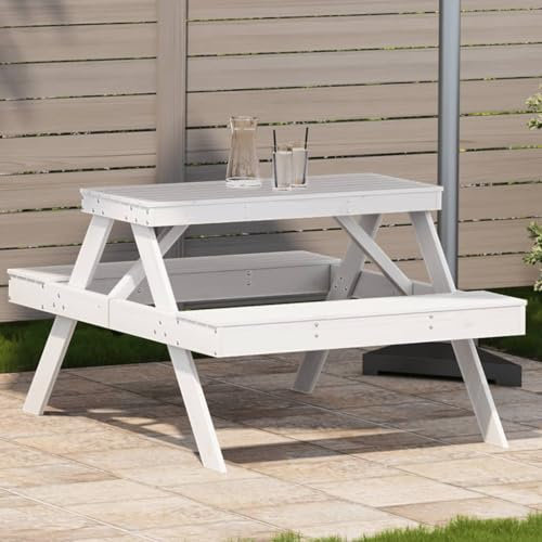Myheimly Picknicktisch, Picknick Sitzgruppe Latten-Design, 1 Tisch mit 2 Bänken Biertisch Bierbank, Gartenmöbel Sitzgarnitur, Massivholz Kiefer Weiß