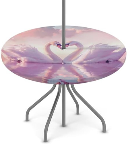 Woltant Nappe ronde avec trou de parasol et fermeture éclair facile à nettoyer avec bords élastiques - Protection de table d'extérieur pour jardin, terrasse, barbecue - Motif cygnes roses