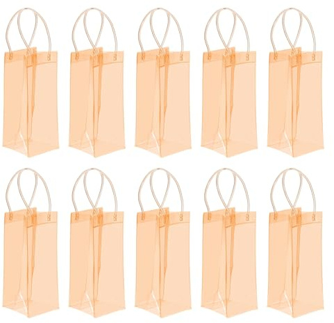 PATIKIL Ice Wine Bag, 10 Pcs Portable Collapsible Clear Wine Pouch Cooler Clear PVC Gift Bags with Handles for Champagne Party Outdoor Cold Beer Chilled Beverages, Orange