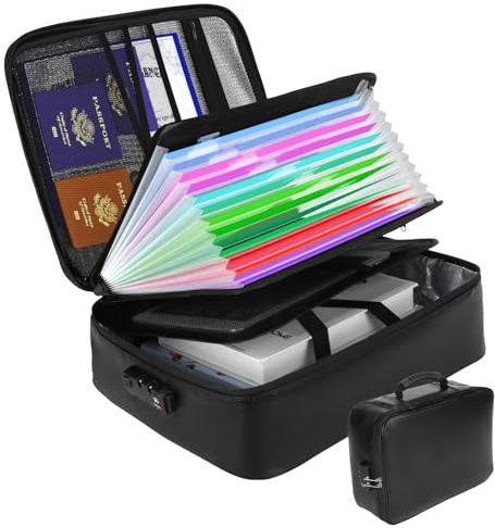 Feuerfeste Dokumententasche mit Schloss,Tragbare Feuerfeste Dokumentenbox,Feuerfest Wasserdichte Dokumentenkassette Akten-Organizer mit 7 Fächern, für Dateien,Zertifikate,Pässe,Bargeld und Wertsachen