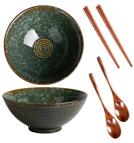 Ramen Schüssel, Nudelschale, 1200 ml Nudelschüssel, 2er-Set (Lamian Nudeln Schüssel mit Lamian Nudeln Löffel, Essstäbchen), Nudelschale Keramikschale, Snacks, Suppe, Salatschüssel, Müsli Essen