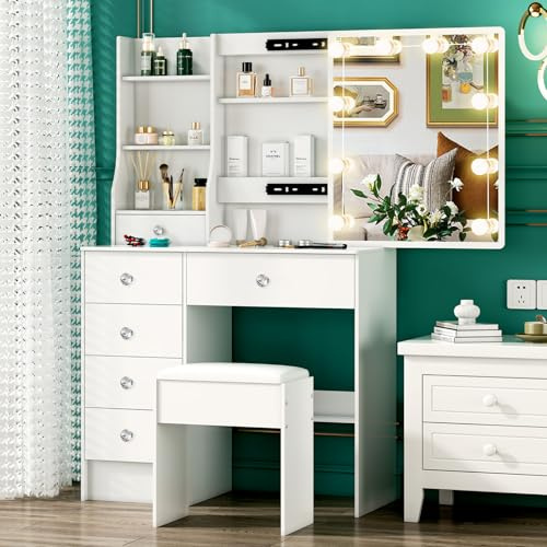 Ereousa Toeletta con Specchio Illuminato e Sgabello, Luci LED Regolabili, Tavolo Trucco con 6 Cassetti, 6 Ripiani, Guida Video, Bianco 36×80×131 cm H39818 | 6 cassetti, 6 ripiani, illuminazione LED regolabile, ampio spazio contenitivo