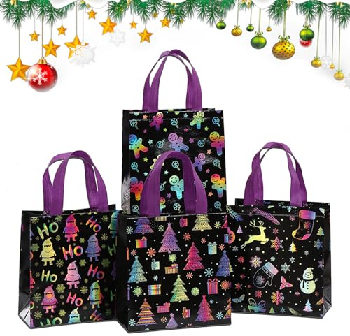 BSITSSS 4 Stück Geschenktüten Weihnachten, 23x22x11cm Non Woven Weihnachtstaschen Groß, Wiederverwendbare Weihnachtsgeschenktüten mit Griffen, Weihnachts Geschenktüten für Partygeschenke, Schwarz