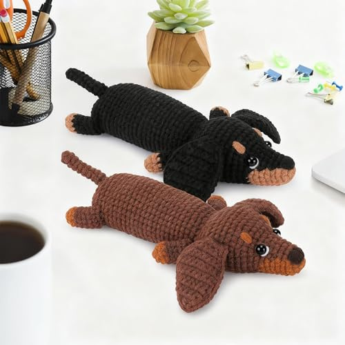 Häkelset Dackel für Anfänger mit 2 Farben Braun und Schwarz, Komplettes Zubehör in Geschenkbox mit Videoanleitungen und Handbuch, für Haus und Festlichkeiten