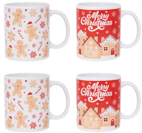 Pack of 4 Christmas Themed Gingerbread Mugs Red White Festive Coffee Cups - Afternoon Tea Breakfast Dinner Hot Chocolate Drinking - Living Room Kitchen Table Homeware