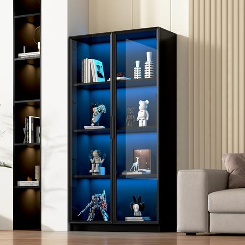 Glasvitrine mit APP LED Beleuchtung 80x40x160cm | Doppeltürige Standvitrine Schwarz | Wohnzimmer Vitrinenschrank | Verstellbare Böden | Smart Home Deko (Black-B)