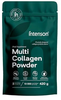 Intenson Multi Kollagen Pulver, 420 g, 5 Kollagen-Typen (I, II, III, V, X) | Unterstützt Haut, Haare, Nägel, Knochen & Gelenke, Hydrolysierte Kollagenpeptide, Geschmacksneutral