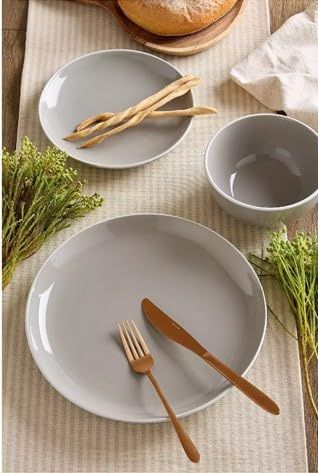 Waterside 12pc Grey & White Rim Stoneware Dinner Set, Round | 4 Dinner Plates, 4 Side Plates, 4 Deep Bowls, Dishwasher and Microwave Safe