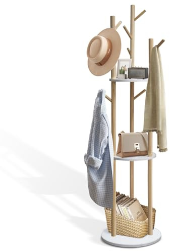 SUNDOY Garderobenständer aus Massivholz mit 3 Ablagen und 9 Haken – stabiler Standgarderobe, einfach zu montieren, für Flur, Schlafzimmer & Büro, 165×41×41 cm