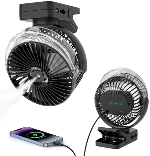 ELZO Ventilador de Camping 12000mAh, Ventilador de Mesa USB con Luz LED y Función de Pulverización, Gancho de Suspensión y Cierre Magnético, Ventilador Silencioso de Clip de 360° de Rotación