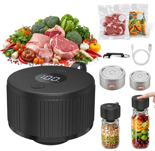 Caijin Sellador al Vacío Eléctrico para Tarros, Envasadora al Vacio Tarro de Masón para Tarros con Tapa Ancha y Normal Bolsas de Vacío, Envasadora al Vacio para Tarros Cristal Pantalla LED, Negro
