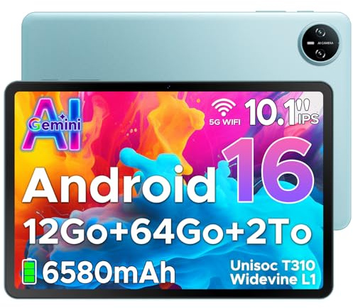 Tab A9 Android 16 Tablet 10 Pollici, 20 GB RAM + 64 GB ROM (TF 2 TB), Gemini AI, 6580 mAh, Unisoc T310, 1280 * 800 IPS, WiFi 5, Doppio Altoparlante, 8MP+5MP, Bluetooth 5.0/Face ID/Jack da 3,5 mm, Blu