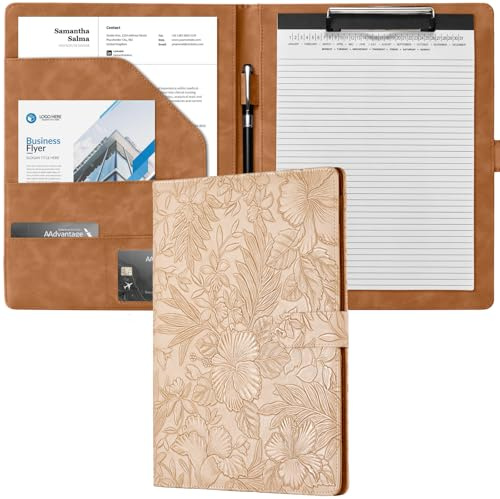 Mymazn A4 Clipboard Folder, Conference Folder, Faux Leather Clipboard | Portfolio Folder A4 with Cover for Legal Pad, Clip Board with Storage, Business Organiser, Document Holder, Light Brown