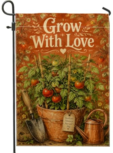 Bandiera da giardino con pomodori, stile rustico, vintage, attrezzi da giardino, estiva, arancione, doppia faccia, piccola bandiera da cortile per esterni, patio, prato, portico anteriore, balcone