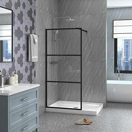 Goodyo Fixed Shower Door 34 X 72 Clear Tempered Glass Shower Screen Panel for Walk-in Bathroom, Black Framed 3 Pieces Shower Glass