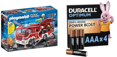 Playmobil City Action 9464 Fire Engine with Light and Sound for Children Ages 4+, Duracell Optimum AAA Alkaline Batteries [Pack of 4], 1.5 V LR03 MN2400