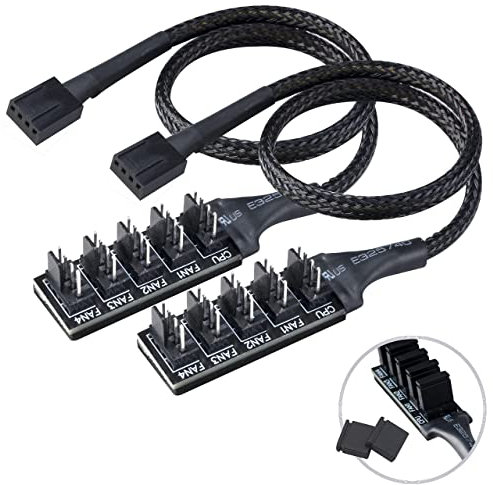 Akasa FLEXA FP5H, PWM Lüfter Hub, 5 Wege Lüfter PWM Verteiler Naben Kabel, Schwarze Kabelmuffe, 4-pin, 30 cm, 2 Pack, AK-CBFA08-KT02