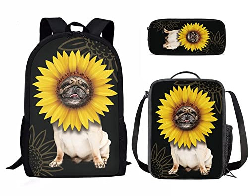 Binienty Modischer Rucksack Teen Jungen Mädchen Schulbuch Tasche mit Lunchbox Stifteetui 3 in 1, Lustiger Mops-Hund, Einheitsgröße