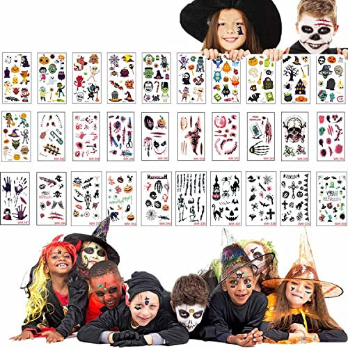 30 Blätter Halloween Temporäre Tattoo, Wasserdicht Kürbis Hexe Schädel Spinne Gesicht Aufkleber für Kinder Jungen Mädchen deko Halloween Cosplay Zubehör, Vampir Kürbis Fledermäuse Hexe Schädel Spinne