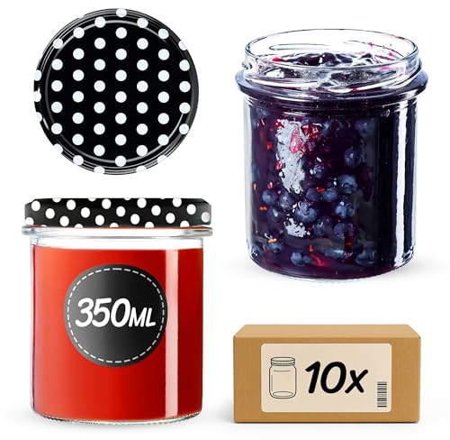 KADAX syltburkar 350 ml, fi82 mm, konserveringsburkar med skruvlock, honungsburkar, konserveringsburkar för svampar, syltdörrar, honung (10 stycken, svart prickad)
