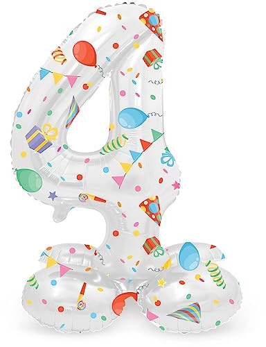 Folat 63964 Luftballon Geburtstag Stehender Ziffer Zahl 4 Joyful Party Weiß mit Geschenke und Dekoration 72 cm - Decoration Geburtstagdeko, Ballon Zahl, Kein Helium erforderlich