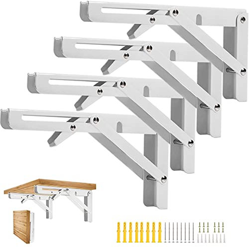Klappbare Regalhalterungen, faltbare Regalhalterungen, robuster Edelstahl, max. Traglast 250 kg, faltbare DIY-Wandmontage, platzsparend, für Tisch, Werkbank, Silber, 40,6 cm – 4 Stück, Weiß