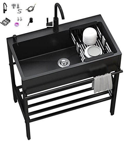 WORDFUN Fregadero De Cocina Comercial De Acero Inoxidable, Fregadero De Utilidad Negro, Fregadero De Lavandería Portátil, Fregadero Camping con Grifo, Mueble Fregadero