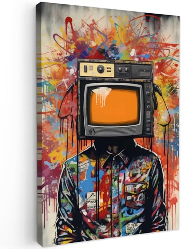 MuchoWow© Wandbilder Groß XXL Wohnzimmer Wanddeko Schlafzimmer Zimmerdeko | 80x120 cm - Fotowand Zimmer Deko Wand Dekoration Wall Banksy - Street Pop Art - Fernsehen - Graffiti - Mann - Farben