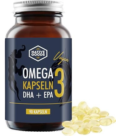 Omega-3-Kapseln Algenöl mit DHA & EPA - 90 Stück vegane Kapseln mit 1000mg Algenöl aus nachhaltigem Kulturen - als Fischöl Alternative - je Tagesdosis 300mg DHA und 150 mg EPA - native goods