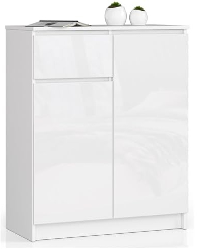 AKORD Kommode K80 80 cm | mit 2 Türen und 1 Schublade | für das Wohnzimmer | für das Schlafzimmer | für das Arbeitszimmer | Büro | B80 x H99 x T40 cm | Gewicht 42,25 kg | Weiß/Weiß Glänzend