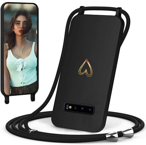 CaseLover Handyband für Samsung Galaxy S10 Hülle mit Band, Schwarz | Herz Muster, Silikon Necklace Handyhülle mit Abnehmbar Kordel zum Umhängen, Stossfest Bumper Handy Schutzhülle Case 6.1