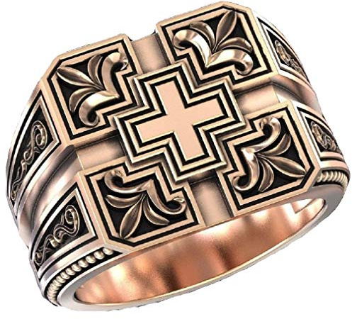 Bague Croix pour Homme, Bague totem croisée anneaux de bande sculptés ancien, Bague Amulette Croix Gothique, Chevalière Croix Punk, Bijoux chrétiens de baptême pour hommes et garçons (Or, 67)