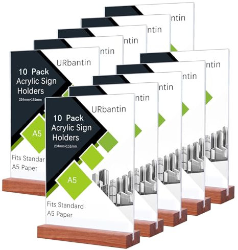 URbantin Présentoirs de Table A5,Lot de 10 T-Base en Bois Support pour Menu,Support de Présentation,A5 Porte Affiche Double Face en Forme de T pour Restaurant,Hôtel,Documents,Bureau,Magasin