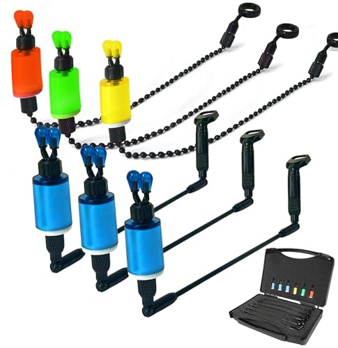 BAT-Tackle Indicator Bissanzeiger System Set 3+3 – Komplettset mit 3 Pendelbissanzeigern & 3 Hangern – Einstellbarer Schnurclip – 6 Farb-Bobbins – Inkl. gepolstertem Hardcase – Fallbisserkennung