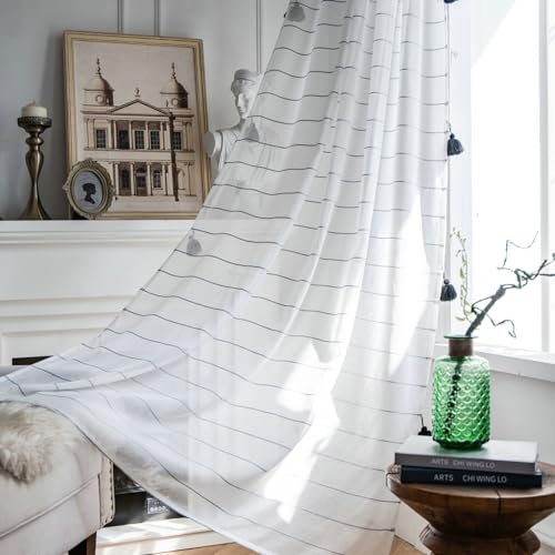 Bishilin Vorhänge Halbtransparent mit Ösen 132x240CM, Vorhänge Weiß 2er Set Gestreift mit Schwarz Quasten Gardinen Lichtdurchlässig Wohnzimmer Küche