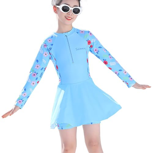NautySaurs Girls Swimming Costume Long Sleeve One-Piece Swimsuit with Skirt Big Kids Swimwear with Swimming Cap