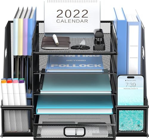 SUPTIDY Schreibtisch Organizer mit Aktenhalter, 5-stufiger Papier Organizer mit Schublade, Mesh Schreibtisch Akten Organizer mit Zeitschriftenhalter für Büro Organizer Schreibtisch- schwarz