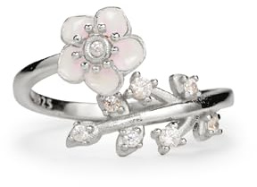 PERIMADE Sakura Blume Fidget Spinner Ring - Angst Stress Relief Sorgenring CZ 925 Sterling Silber Kirschblüte Ring Verstellbarer Zirkonia Offenes Band Drehring für Frauen Tochter, Sterling Silber Aus