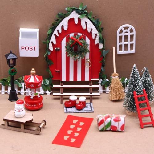 Miniatur Wichtel Zubehör Weihnachten Set Wichteltür Zubehör Weihnachtswichtel Set Holz Wichtel Tür Deko Wichtelhaus Wichteltüren Komplett Holz Weihnachtsdeko Wichtel Tür Haus Feentür Figuren 21 PCS