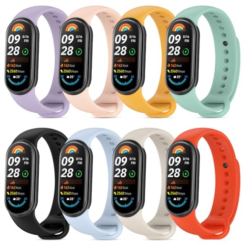 CHARNASI 8 st armband kompatibelt med Xiaomi Mi Band 9/Xiaomi Mi Band 8, mjukt silikon sportarmband för Xiaomi Mi Band 9 herr dam, Orange/Svart/Ljusblå/Ljus Gul/Lugnt Vit/Teala/Ljusrosa/Lila, Xiaomi