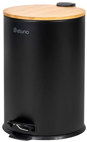 eluno Abfalleimer, Treteimer, Küchenmülleimer, 20 Liter Fassungsvermögen, mit Soft-Close Bambusdeckel, für Bad, Küche, mit herausnehmbaren Kunststoffinneneimer, aus Bambus und schwarzem Metall
